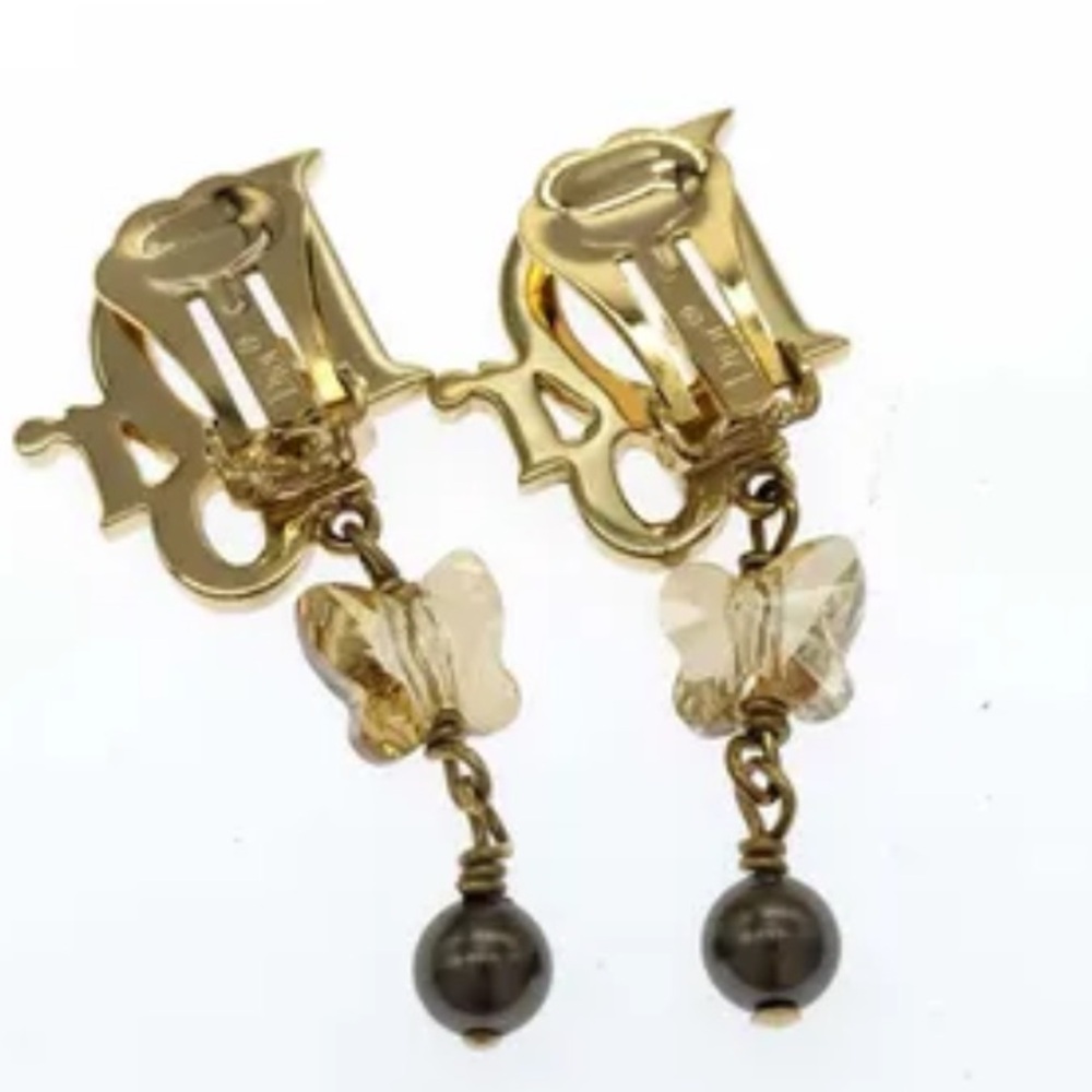 Dior Logo Gold Rhinestone Earrings - Picture 2 of 10